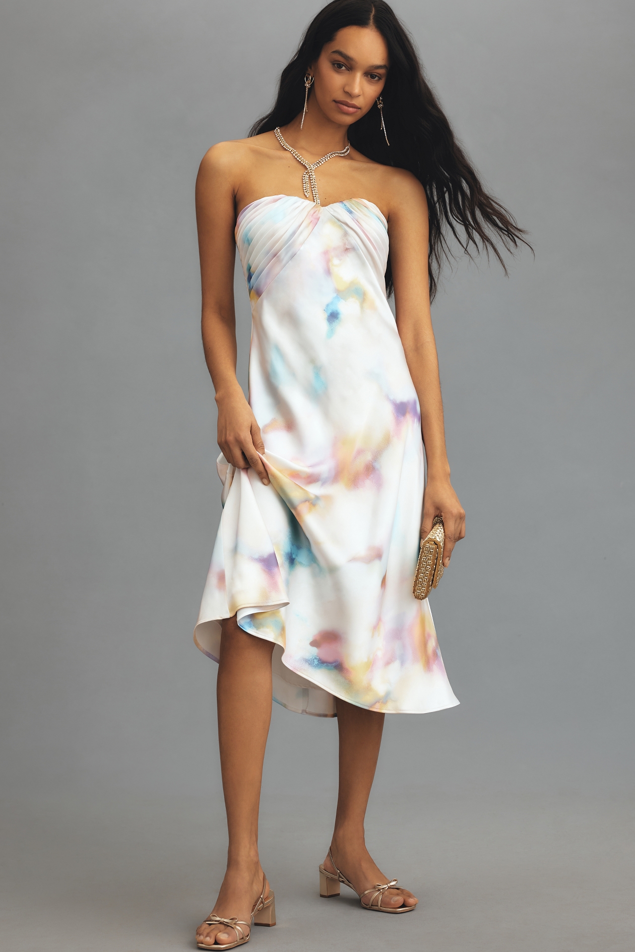 ML Monique Lhuillier Annika Strapless Satin Midi Dress