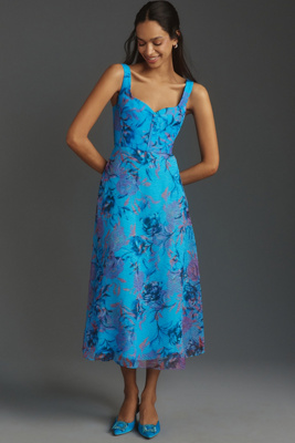 ml monique lhuillier carmen sweetheart linen midi dress ML Monique Lhuillier Carmen Sweetheart Linen Midi Dress