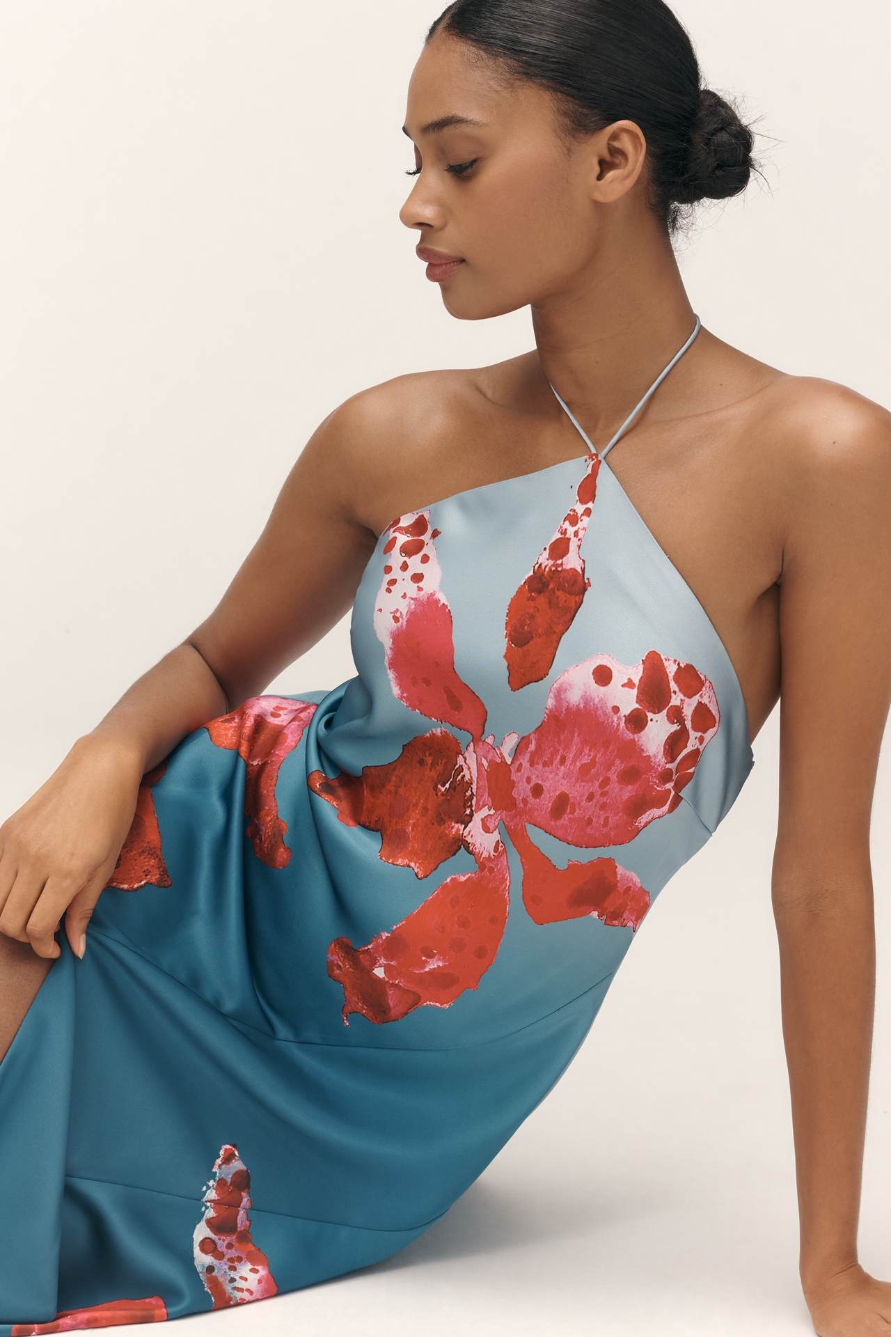 AMUR Alohi Halter Asymmetric Slip Midi Dress