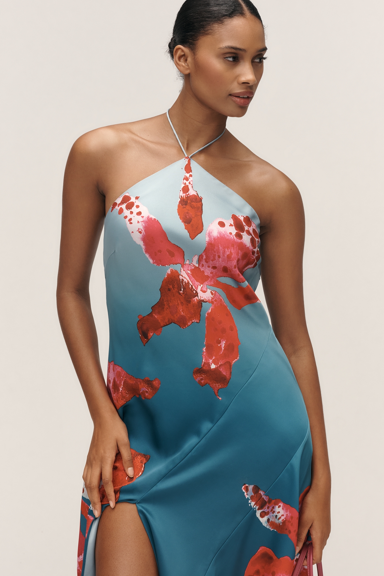 AMUR Alohi Halter Asymmetric Slip Midi Dress