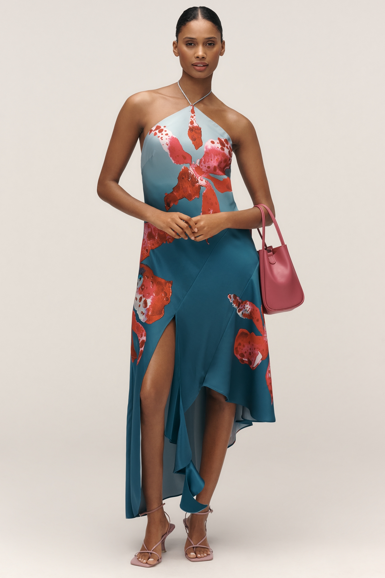 AMUR Alohi Halter Asymmetric Slip Midi Dress