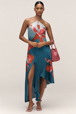 AMUR Alohi Halter Asymmetric Slip Midi Dress
