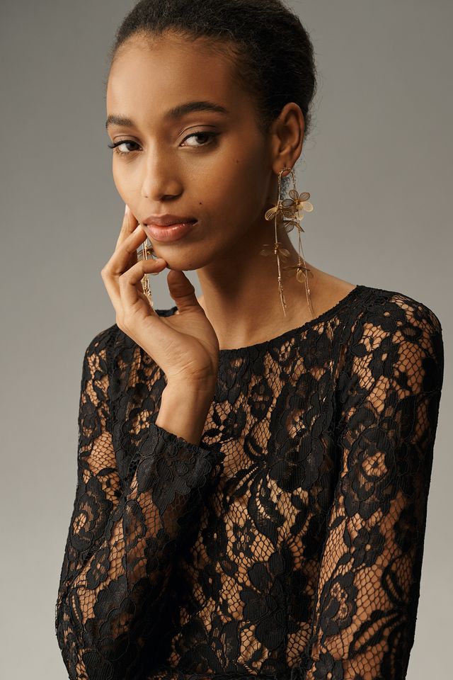 WAYF Long-Sleeve Boat-Neck Lace Midi Dress #1