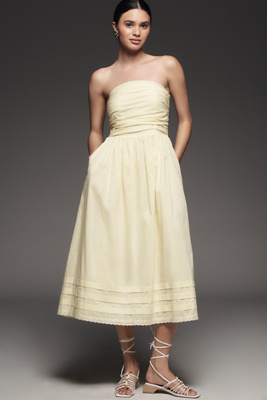 WAYF Cotton Strapless Pleated Midi Dress