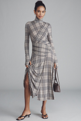 Wayf Long-sleeve Turtleneck Wrap Midi Dress In Black