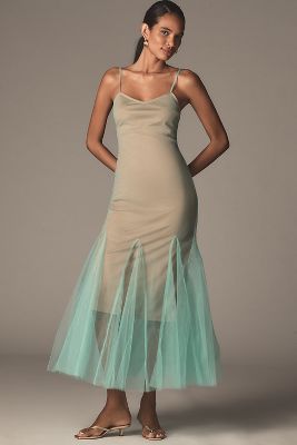 Hutch Two-tone Sheer Sleeveless Ruffle-hem Maxi Dress