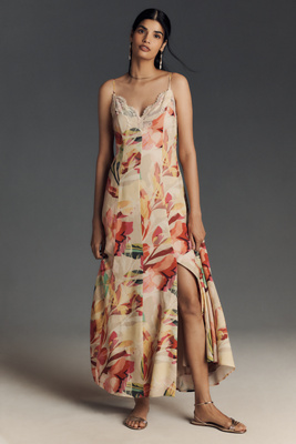 Baldwin Sleeveless Lace-Trim V-Neck Slip Maxi Dress