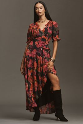 Hutch Bethany Puff-Sleeve V-Neck Wrap Maxi Dress