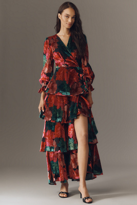 Hutch Wrap Ruffle Velvet Maxi Dress In Multi