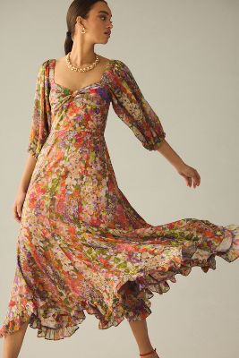Hutch Puff-sleeve Midi Dress In Multicolor