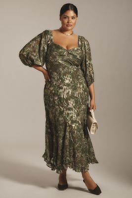 HUTCH PRINTED TWIST-FRONT PUFF-SLEEVE RUFFLE-HEM DRESS 