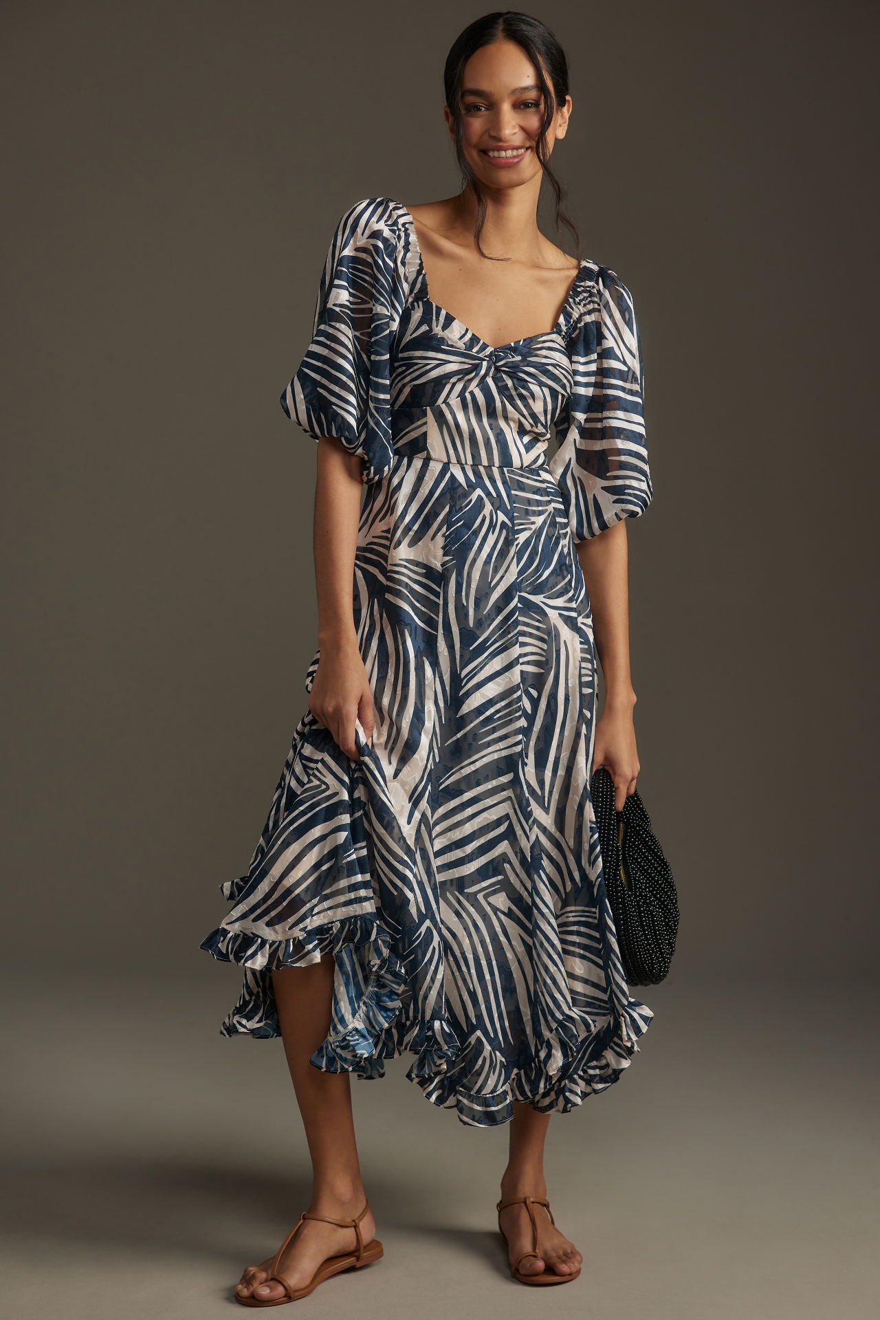 Hutch Printed Twist-Front Puff-Sleeve Ruffle-Hem Dress