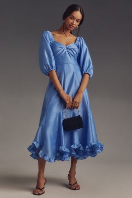 Shop Hutch Printed Twist-front Puff-sleeve Ruffle-hem Dress In Blue