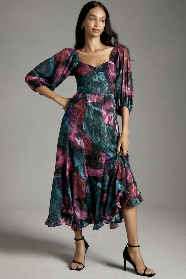 Hutch Printed Twist-Front Puff-Sleeve Ruffle-Hem Dress #1