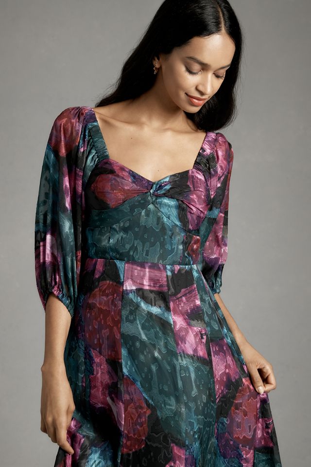 Hutch Printed Twist-Front Puff-Sleeve Ruffle-Hem Dress #3