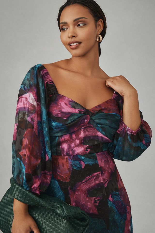 Hutch Printed Twist-Front Puff-Sleeve Ruffle-Hem Dress #6