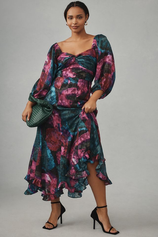 Hutch Printed Twist-Front Puff-Sleeve Ruffle-Hem Dress #4