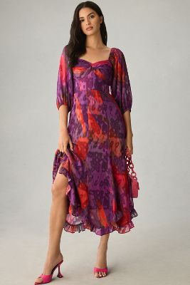 Hutch Printed Twist-front Puff-sleeve Ruffle-hem Dress In Purple