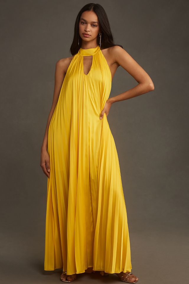 Popular NWT Anthropologie Pleated Halter Maxi Dress 26W $198 Gold Yellow Cocktail Formal