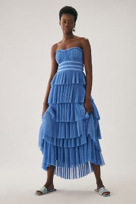 Hutch Strapless Tiered Tulle Dress In Blue