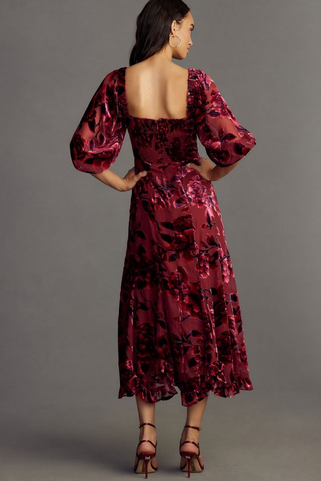 Hutch Printed Twist-Front Puff-Sleeve Velvet Dress #1
