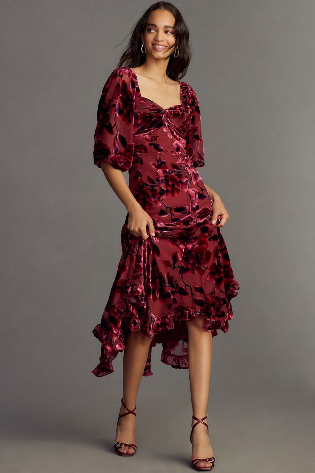 Hutch Printed Twist-Front Puff-Sleeve Velvet Dress #3