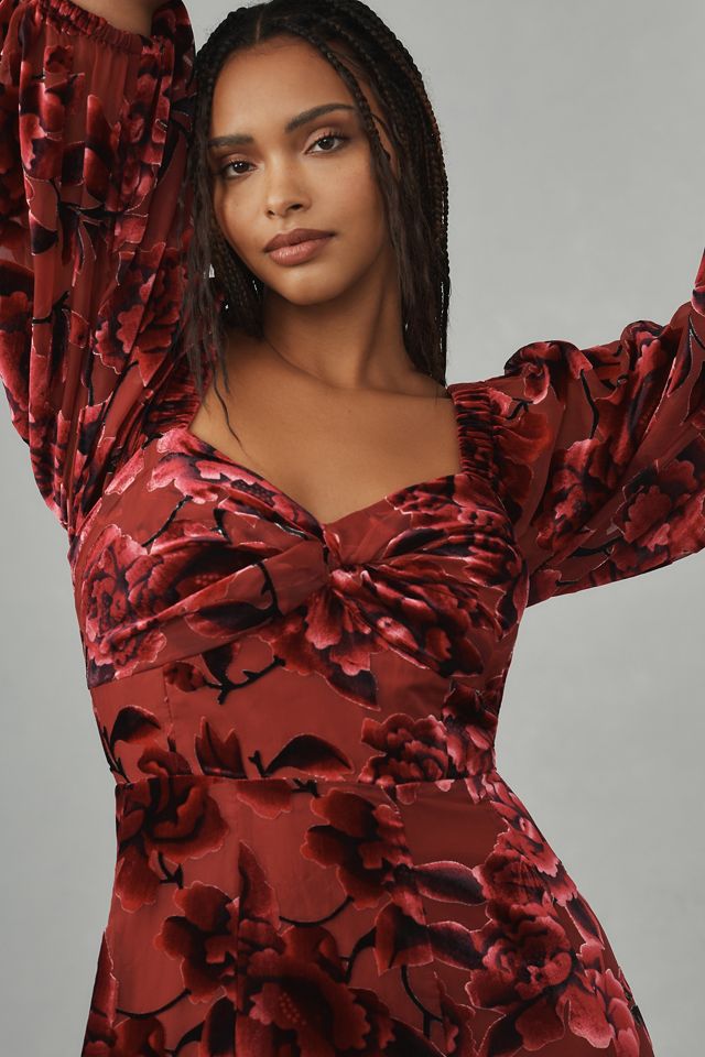 Hutch Printed Twist-Front Puff-Sleeve Velvet Dress #6