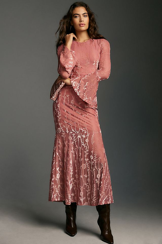 velvet burnout dress midi dress long sleeves An attached Women's Taylor V-Neck Velvet Burnout