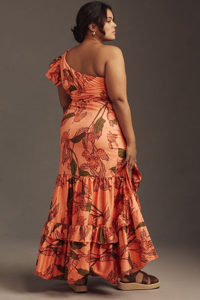 hutch one-shoulder ruffle maxi dress Hutch One-Shoulder Faux-Feather Trim Maxi Dress