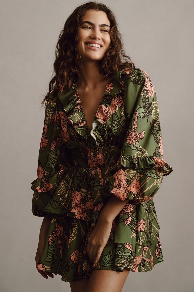 Hutch Long-Sleeve V-Neck Ruffle Mini Dress | Anthropologie