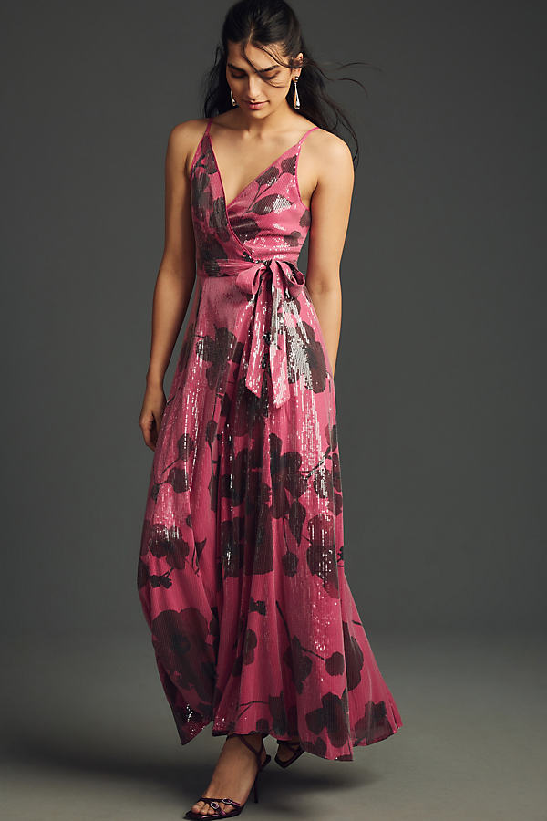 Hutch Sleeveless Sequin Wrap Maxi Dress In Purple