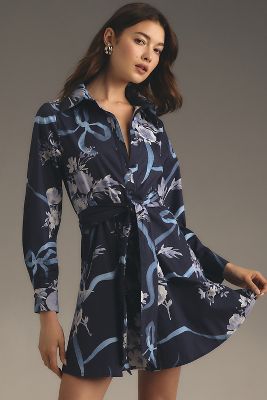 Shop Hutch Long-sleeve Tie-waist Shirt Dress In Blue