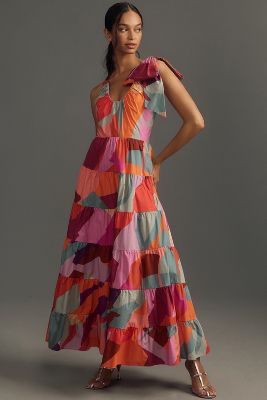 Shop Hutch Alessa Shoulder-tie Scoop-neck Maxi Dress In Multicolor
