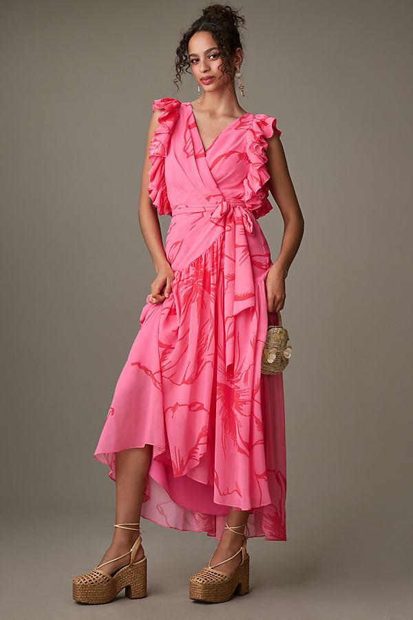 Hutch Beck Ruffled V-neck Wrap Midi Dress In Pink