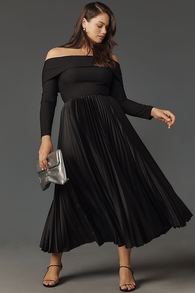 long sleeve off the shoulder maxi dress Classic Evening Dresses Velvet Dresses Great for any cup size Hutch Long-Sleeve Off-The-Shoulder Pleated Maxi