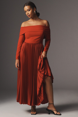 HUTCH LONG-SLEEVE OFF-THE-SHOULDER PLEATED MAXI DRESS 