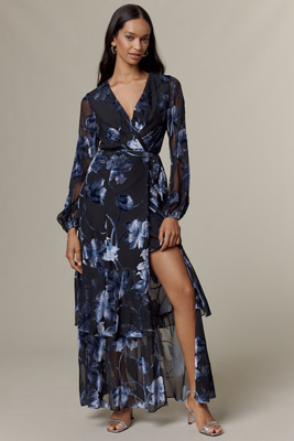 Hutch Long-sleeve V-neck Wrap Midi Dress In Blue