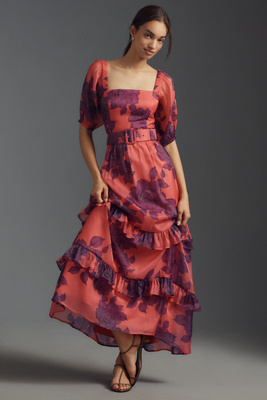 Hutch Puff-sleeve Ruffled Midi Dress In Multicolor