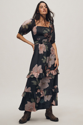 Puff-Sleeve Ruffled Midi Dress