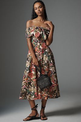 HUTCH CHRISSA LINEN BLEND OFF-THE-SHOULDER A-LINE MIDI DRESS 