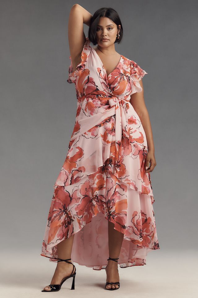 Hutch Ruffle-Sleeve V-Neck Floral Wrap Midi Dress #1