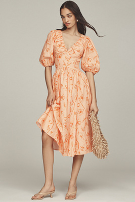 HUTCH MADILYN PUFF-SLEEVE V-NECK MIDI DRESS 
