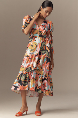 HUTCH MARISOL SHORT-SLEEVE WRAP MIDI DRESS 
