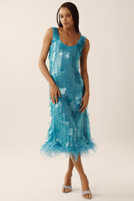 Hutch Sleeveless Scoop-Neck Sequin Feather-Trim Midi Dress