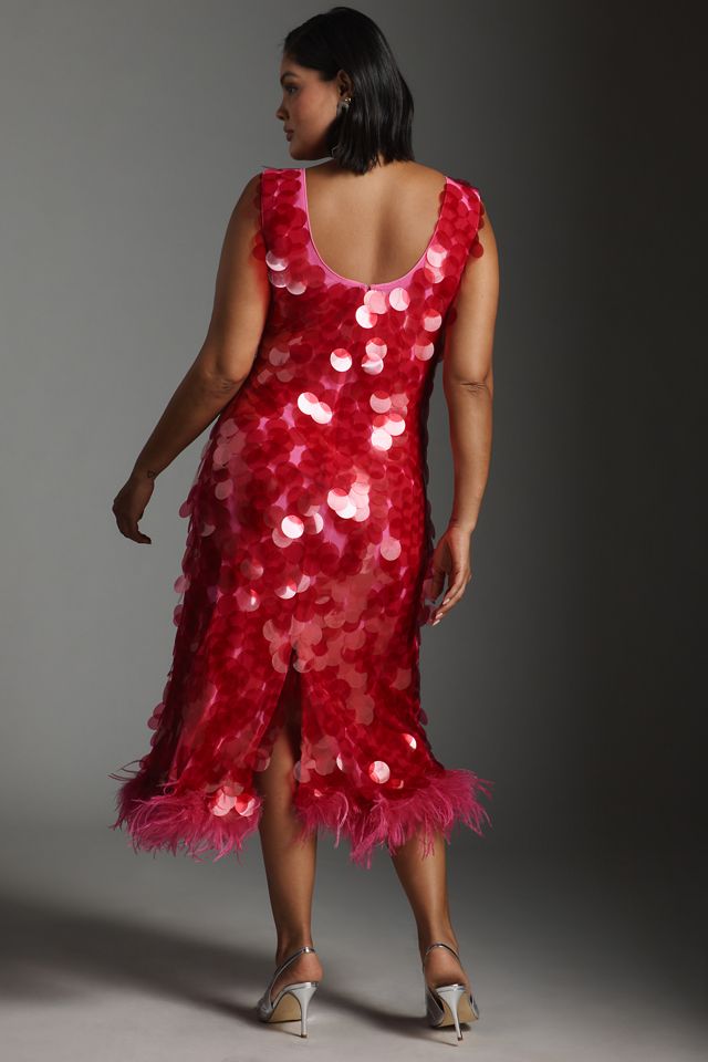 Hutch Sleeveless Scoop-Neck Sequin Feather-Trim Midi Dress #6
