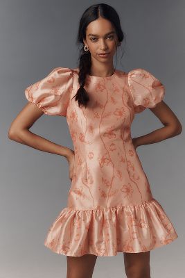 HUTCH PUFF-SLEEVE RUFFLED SHIFT MINI DRESS 