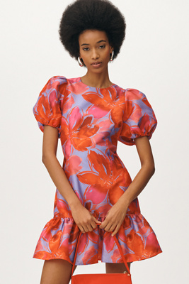 HUTCH PUFF-SLEEVE RUFFLED SHIFT MINI DRESS 