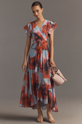 Hutch Zola Short-sleeve Ruffle Wrap Midi Dress In Multi