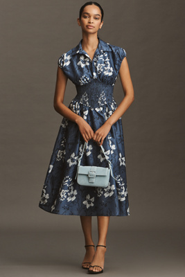 Hutch Smocked-waist Short-sleeve Midi Dress In Blue