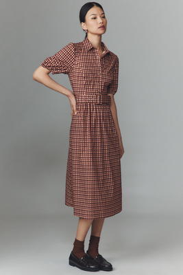 Hutch Parker Short-sleeve Belted Midi Dress In Brown